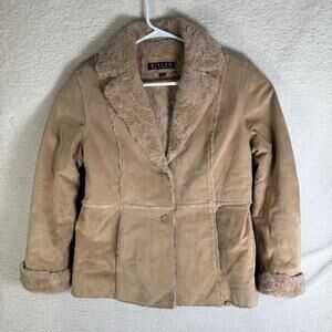 Giacca Suede Leather Jacket Coat Womens Large Tan Brown Faux Fur Lined Penny